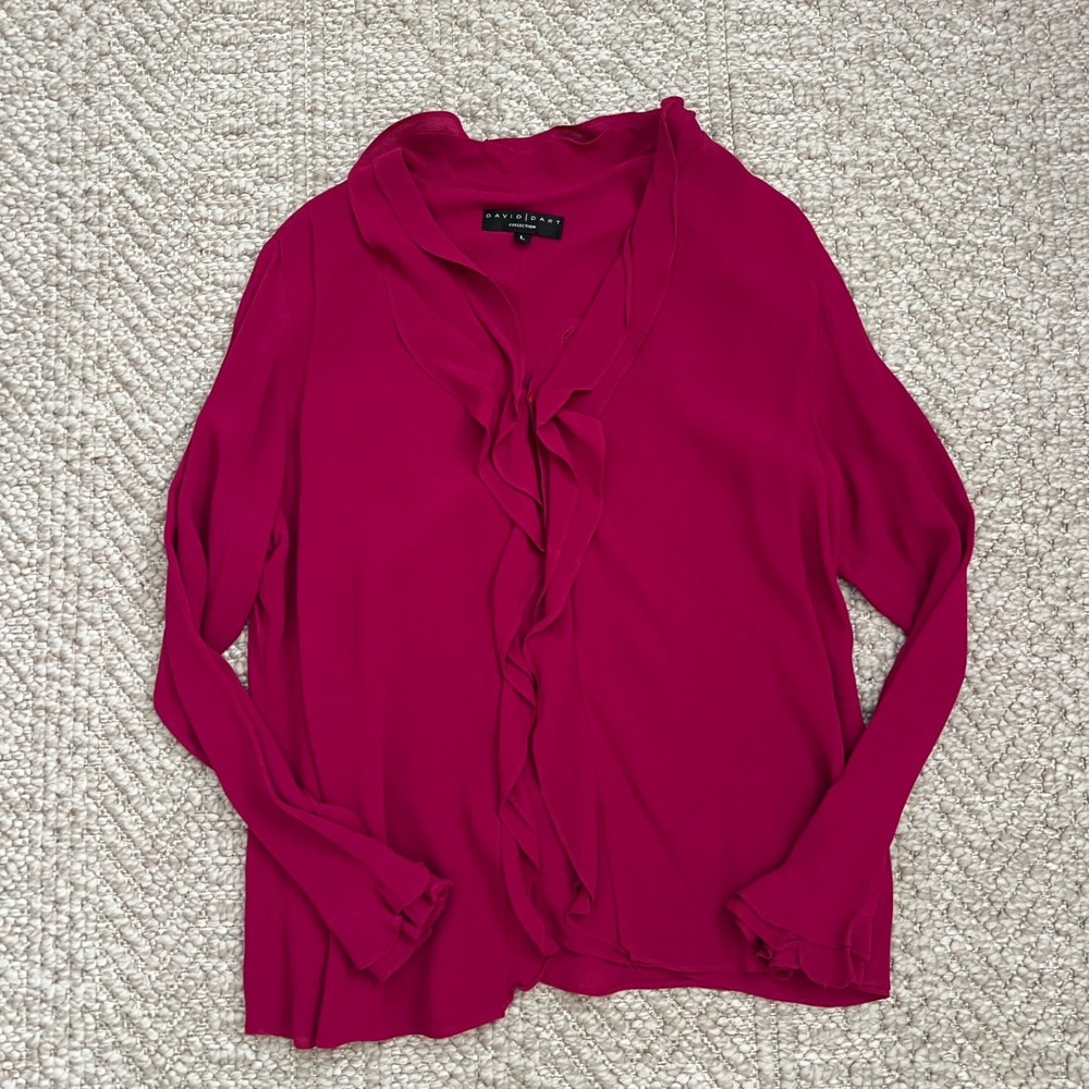 David Dart Collection Fuchsia Pink Ruffle Front V-Neck Blouse Long Sleeve Large